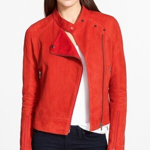 J Brand Womens Orange Motorcycle Coat Asymmetric Zip lamb Leather Jacket small
